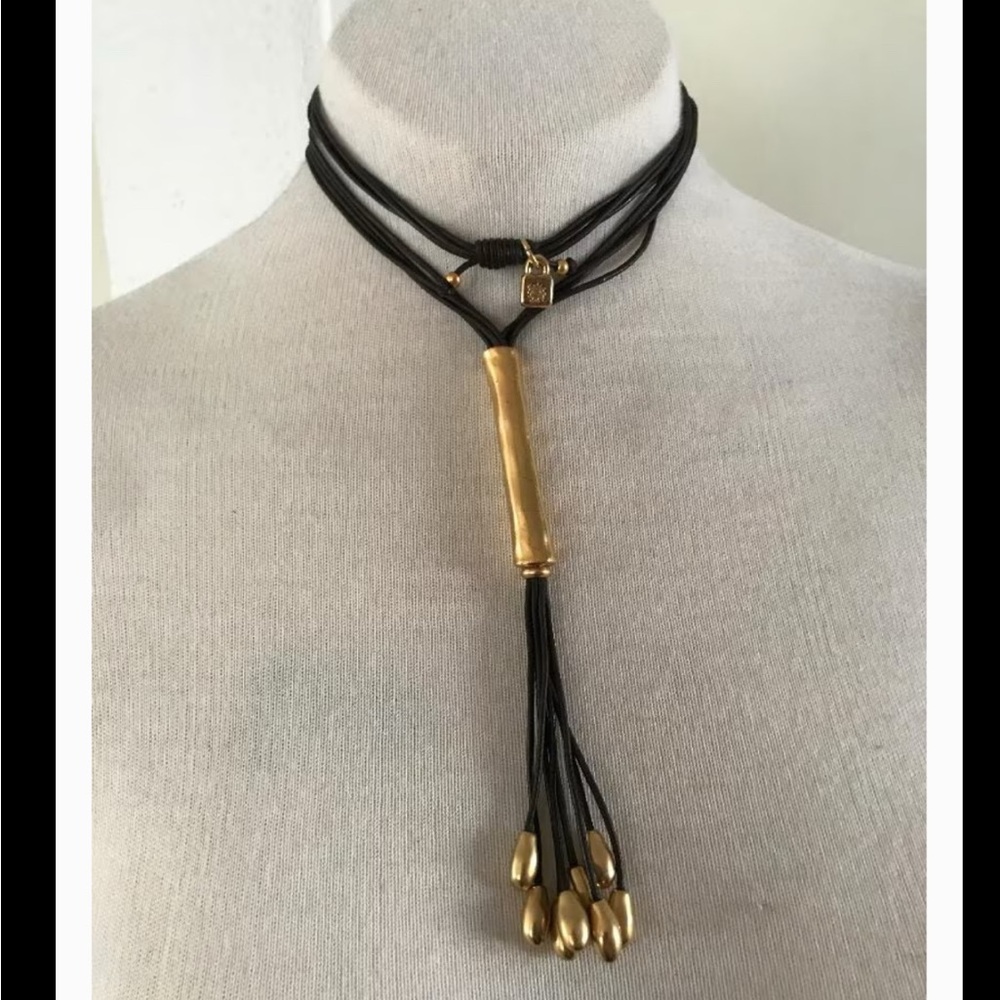 UNO de 50 Gold and Black Leather Tassel Necklace - Brand New - Ltd Edition